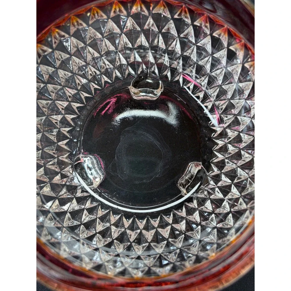 Vtg Ruby Red Flash Clear Diamond Point Pattern Footed Glass Bowl Scalloped Edge